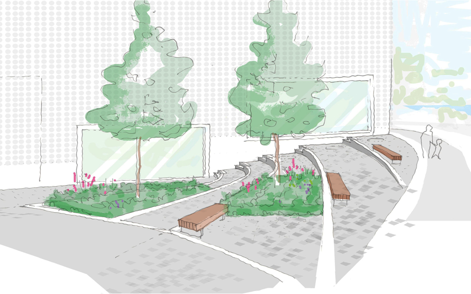yta vid konsthallen med två planterade träd, blomrabatter och sittplatser. Ytan sluttar svagt nedåt från gatan mot byggnaden med trappsteg. Illustration